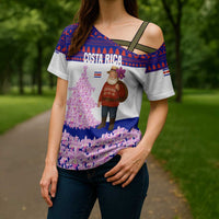 Costa Rica Christmas Cross Shoulder Shirt with Santa Claus Pink Orchid Tree National Emblem and Festive Pattern Design - Wonder Print Shop