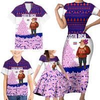 Costa Rica Christmas Family Matching Short Sleeve Bodycon Dress and Hawaiian Shirt with Santa Claus Pink Orchid Tree National Emblem and Festive Pattern Design - Wonder Print Shop