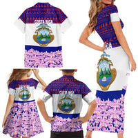 Costa Rica Christmas Family Matching Short Sleeve Bodycon Dress and Hawaiian Shirt with Santa Claus Pink Orchid Tree National Emblem and Festive Pattern Design - Wonder Print Shop