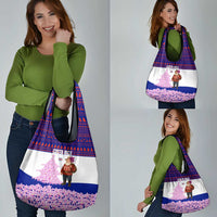 Costa Rica Christmas Grocery Bag with Santa Claus Pink Orchid Tree National Emblem and Festive Pattern Design - Wonder Print Shop