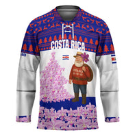 Costa Rica Christmas Hockey Jersey with Santa Claus Pink Orchid Tree National Emblem and Festive Pattern Design - Wonder Print Shop
