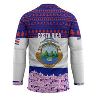 Costa Rica Christmas Hockey Jersey with Santa Claus Pink Orchid Tree National Emblem and Festive Pattern Design - Wonder Print Shop