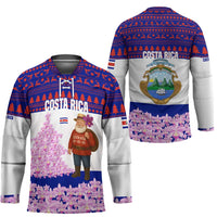 Costa Rica Christmas Hockey Jersey with Santa Claus Pink Orchid Tree National Emblem and Festive Pattern Design - Wonder Print Shop