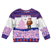 Costa Rica Christmas Kid Ugly Christmas Sweater with Santa Claus Pink Orchid Tree National Emblem and Festive Pattern Design - Wonder Print Shop
