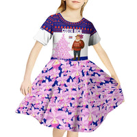 Costa Rica Christmas Kid Short Sleeve Dress with Santa Claus Pink Orchid Tree National Emblem and Festive Pattern Design - Wonder Print Shop