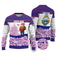 Costa Rica Christmas Ugly Christmas Sweater with Santa Claus Pink Orchid Tree National Emblem and Festive Pattern Design - Wonder Print Shop