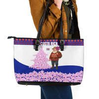 Costa Rica Christmas Leather Tote Bag with Santa Claus Pink Orchid Tree National Emblem and Festive Pattern Design - Wonder Print Shop