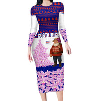 Costa Rica Christmas Long Sleeve Bodycon Dress with Santa Claus Pink Orchid Tree National Emblem and Festive Pattern Design - Wonder Print Shop