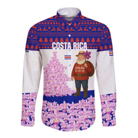 Costa Rica Christmas Long Sleeve Button Shirt with Santa Claus Pink Orchid Tree National Emblem and Festive Pattern Design - Wonder Print Shop