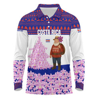 Costa Rica Christmas Long Sleeve Polo Shirt with Santa Claus Pink Orchid Tree National Emblem and Festive Pattern Design - Wonder Print Shop
