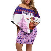 Costa Rica Christmas Off Shoulder Short Dress with Santa Claus Pink Orchid Tree National Emblem and Festive Pattern Design - Wonder Print Shop
