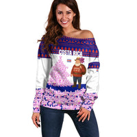 Costa Rica Christmas Off Shoulder Sweater with Santa Claus Pink Orchid Tree National Emblem and Festive Pattern Design - Wonder Print Shop
