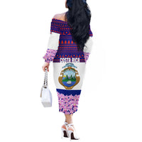 Costa Rica Christmas Off The Shoulder Long Sleeve Dress with Santa Claus Pink Orchid Tree National Emblem and Festive Pattern Design - Wonder Print Shop