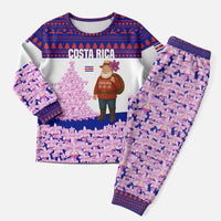 Costa Rica Christmas Pajama Set with Santa Claus Pink Orchid Tree National Emblem and Festive Pattern Design - Wonder Print Shop