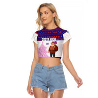 Costa Rica Christmas Raglan Cropped T Shirt with Santa Claus Pink Orchid Tree National Emblem and Festive Pattern Design - Wonder Print Shop