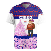 Costa Rica Christmas Rugby Jersey with Santa Claus Pink Orchid Tree National Emblem and Festive Pattern Design - Wonder Print Shop