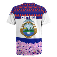 Costa Rica Christmas Rugby Jersey with Santa Claus Pink Orchid Tree National Emblem and Festive Pattern Design - Wonder Print Shop