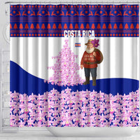 Costa Rica Christmas Shower Curtain with Santa Claus Pink Orchid Tree National Emblem and Festive Pattern Design - Wonder Print Shop