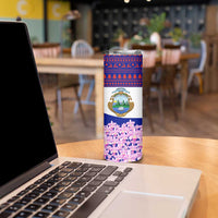 Costa Rica Christmas Skinny Tumbler with Santa Claus Pink Orchid Tree National Emblem and Festive Pattern Design - Wonder Print Shop