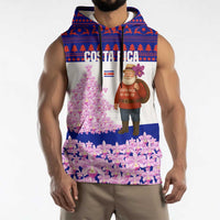 Costa Rica Christmas Sleeveless Hoodie with Santa Claus Pink Orchid Tree National Emblem and Festive Pattern Design - Wonder Print Shop