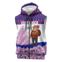 Costa Rica Christmas Sleeveless Zip Hoodie with Santa Claus Pink Orchid Tree National Emblem and Festive Pattern Design - Wonder Print Shop