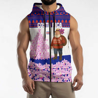 Costa Rica Christmas Sleeveless Zip Hoodie with Santa Claus Pink Orchid Tree National Emblem and Festive Pattern Design - Wonder Print Shop