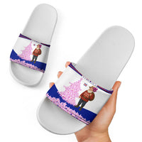 Costa Rica Christmas Slide Sandals with Santa Claus Pink Orchid Tree National Emblem and Festive Pattern Design - Wonder Print Shop