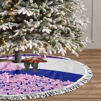 Costa Rica Christmas Tree Skirt with Santa Claus Pink Orchid Tree National Emblem and Festive Pattern Design - Wonder Print Shop