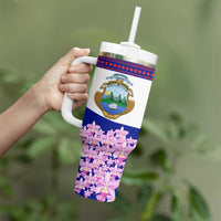 Costa Rica Christmas Tumbler With Handle with Santa Claus Pink Orchid Tree National Emblem and Festive Pattern Design - Wonder Print Shop