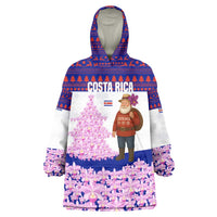 Costa Rica Christmas Wearable Blanket Hoodie with Santa Claus Pink Orchid Tree National Emblem and Festive Pattern Design - Wonder Print Shop