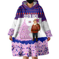 Costa Rica Christmas Wearable Blanket Hoodie with Santa Claus Pink Orchid Tree National Emblem and Festive Pattern Design - Wonder Print Shop