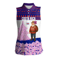 Costa Rica Christmas Women Sleeveless Polo Shirt with Santa Claus Pink Orchid Tree National Emblem and Festive Pattern Design - Wonder Print Shop