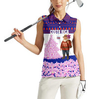 Costa Rica Christmas Women Sleeveless Polo Shirt with Santa Claus Pink Orchid Tree National Emblem and Festive Pattern Design - Wonder Print Shop