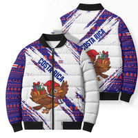 Costa Rica Christmas Bomber Puffer Jacket with Holiday Bird Gifts Red Blue Pattern and National Flag Design - Wonder Print Shop