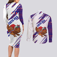 Costa Rica Christmas Couples Matching Long Sleeve Bodycon Dress and Long Sleeve Button Shirt with Holiday Bird Gifts Red Blue Pattern and National Flag Design - Wonder Print Shop
