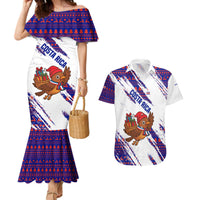 Costa Rica Christmas Couples Matching Mermaid Dress and Hawaiian Shirt with Holiday Bird Gifts Red Blue Pattern and National Flag Design - Wonder Print Shop