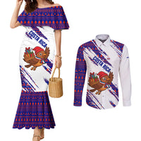Costa Rica Christmas Couples Matching Mermaid Dress and Long Sleeve Button Shirt with Holiday Bird Gifts Red Blue Pattern and National Flag Design - Wonder Print Shop
