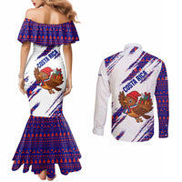Costa Rica Christmas Couples Matching Mermaid Dress and Long Sleeve Button Shirt with Holiday Bird Gifts Red Blue Pattern and National Flag Design - Wonder Print Shop