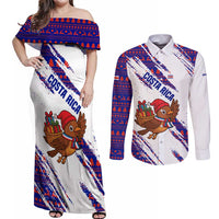 Costa Rica Christmas Couples Matching Off Shoulder Maxi Dress and Long Sleeve Button Shirt with Holiday Bird Gifts Red Blue Pattern and National Flag Design - Wonder Print Shop