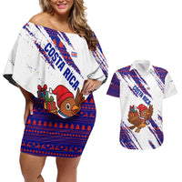 Costa Rica Christmas Couples Matching Off Shoulder Short Dress and Hawaiian Shirt with Holiday Bird Gifts Red Blue Pattern and National Flag Design - Wonder Print Shop