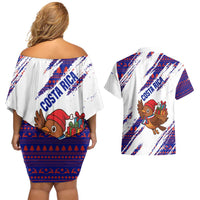 Costa Rica Christmas Couples Matching Off Shoulder Short Dress and Hawaiian Shirt with Holiday Bird Gifts Red Blue Pattern and National Flag Design - Wonder Print Shop