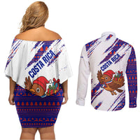 Costa Rica Christmas Couples Matching Off Shoulder Short Dress and Long Sleeve Button Shirt with Holiday Bird Gifts Red Blue Pattern and National Flag Design - Wonder Print Shop