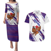 Costa Rica Christmas Couples Matching Puletasi and Hawaiian Shirt with Holiday Bird Gifts Red Blue Pattern and National Flag Design - Wonder Print Shop