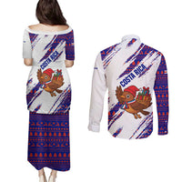 Costa Rica Christmas Couples Matching Puletasi and Long Sleeve Button Shirt with Holiday Bird Gifts Red Blue Pattern and National Flag Design - Wonder Print Shop
