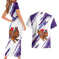 Costa Rica Christmas Couples Matching Short Sleeve Bodycon Dress and Hawaiian Shirt with Holiday Bird Gifts Red Blue Pattern and National Flag Design - Wonder Print Shop