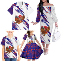 Costa Rica Christmas Family Matching Off The Shoulder Long Sleeve Dress and Hawaiian Shirt with Holiday Bird Gifts Red Blue Pattern and National Flag Design - Wonder Print Shop