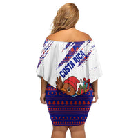 Costa Rica Christmas Family Matching Off Shoulder Short Dress and Hawaiian Shirt with Holiday Bird Gifts Red Blue Pattern and National Flag Design - Wonder Print Shop