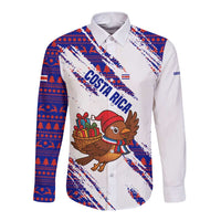 Costa Rica Christmas Long Sleeve Button Shirt with Holiday Bird Gifts Red Blue Pattern and National Flag Design - Wonder Print Shop