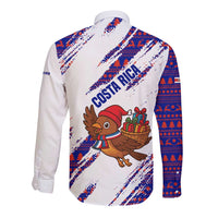 Costa Rica Christmas Long Sleeve Button Shirt with Holiday Bird Gifts Red Blue Pattern and National Flag Design - Wonder Print Shop
