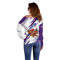 Costa Rica Christmas Off Shoulder Sweater with Holiday Bird Gifts Red Blue Pattern and National Flag Design - Wonder Print Shop